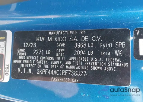 2024 Kia Forte Gt из США, поврежденный, VIN 3KPF44AC1RE738327